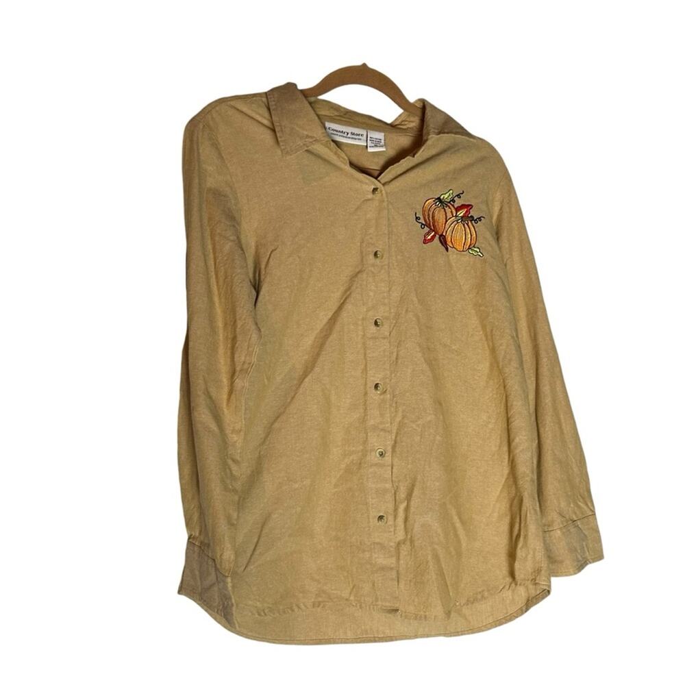 Country Store 100% Cotton Tan Pumpkin Embroidered Long Sleeve Button Down Medium